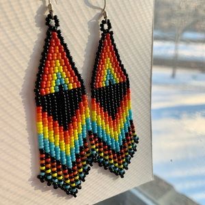 Long Handmade Native Beaded Fringe Earrings
